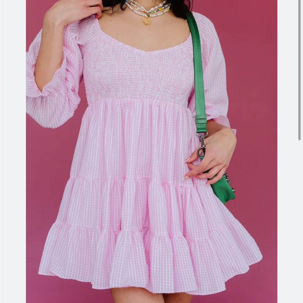 Women's Pink Gingham Tiered Mini Dress with Smocked Bodice
